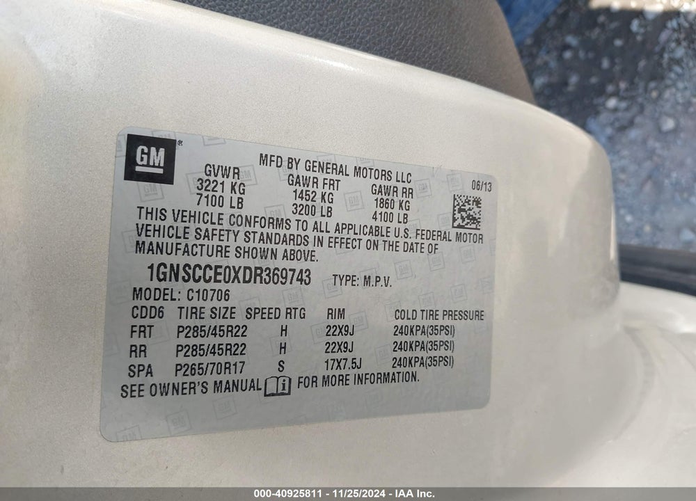 2013 CHEVROLET TAHOE LTZ VIN: 1GNSCCE0XDR369743