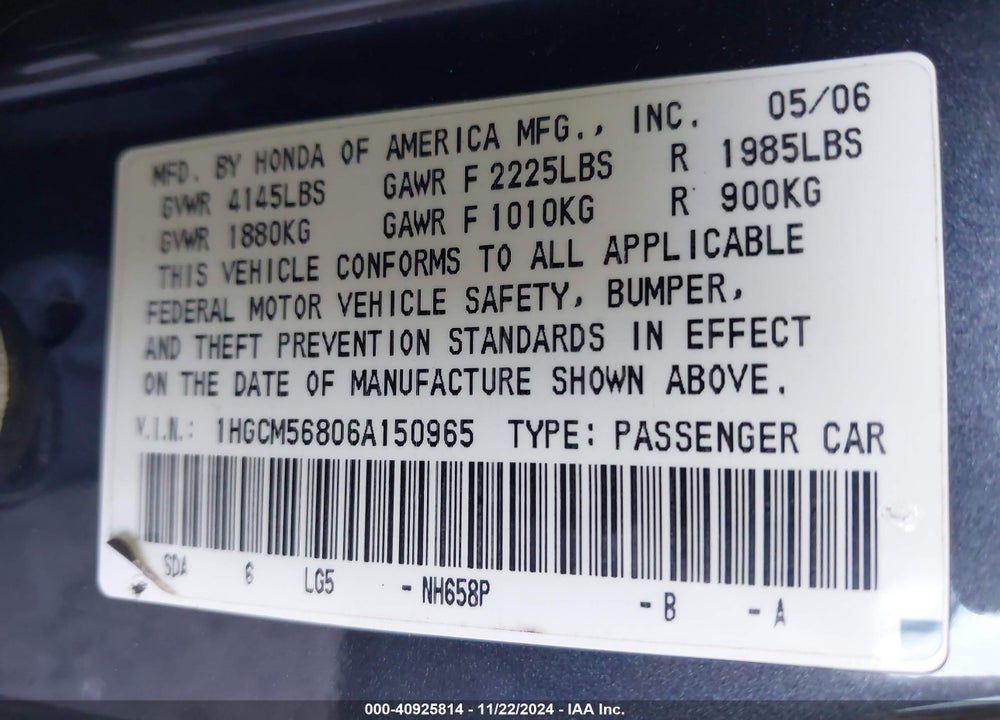 2006 HONDA ACCORD 2.4 EX VIN: 1HGCM56806A150965
