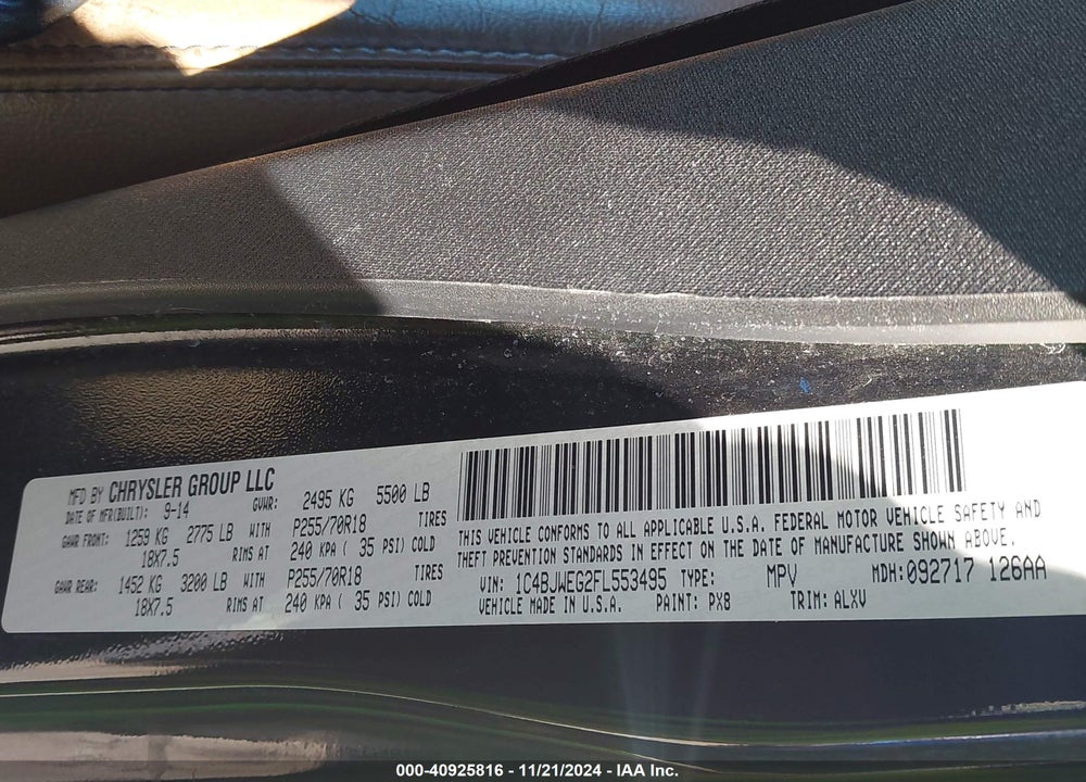 2015 JEEP WRANGLER UNLIMITED SAHARA VIN: 1C4BJWEG2FL553495