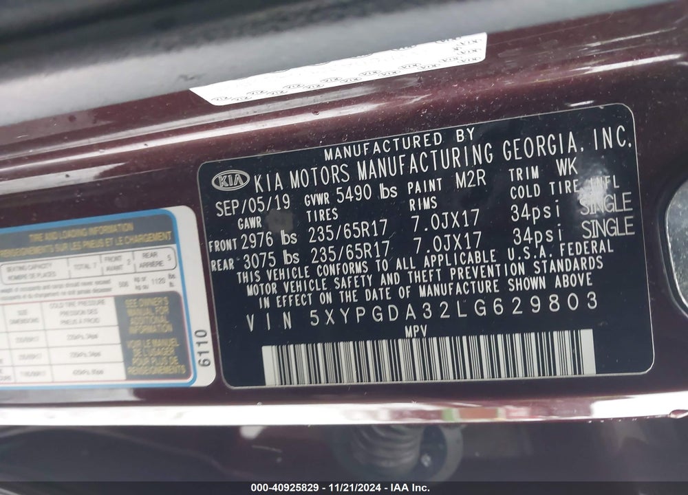 2020 KIA SORENTO 2.4L LX VIN: 5XYPGDA32LG629803