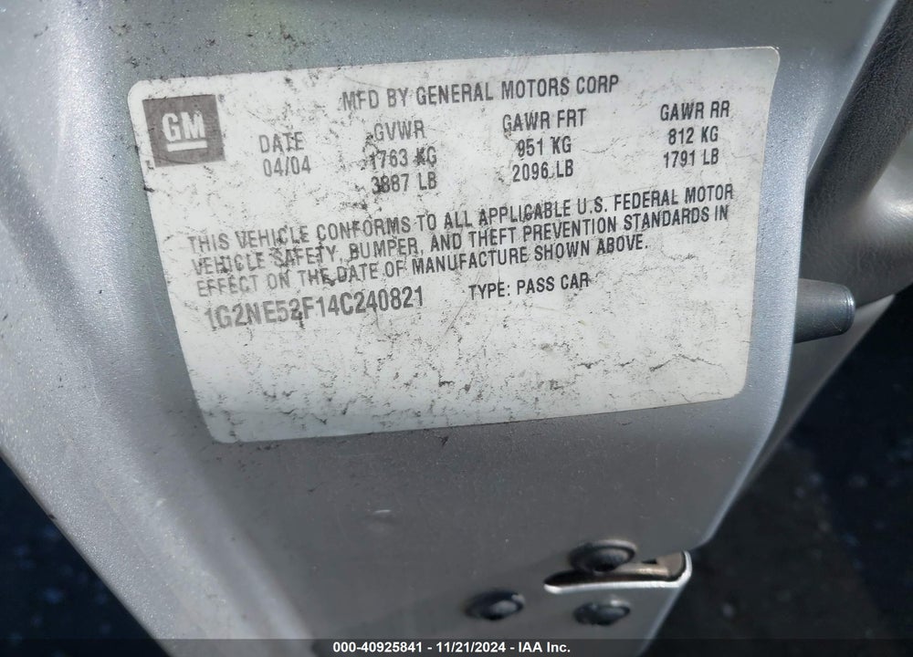 2004 PONTIAC GRAND AM SE VIN: 1G2NE52F14C240821