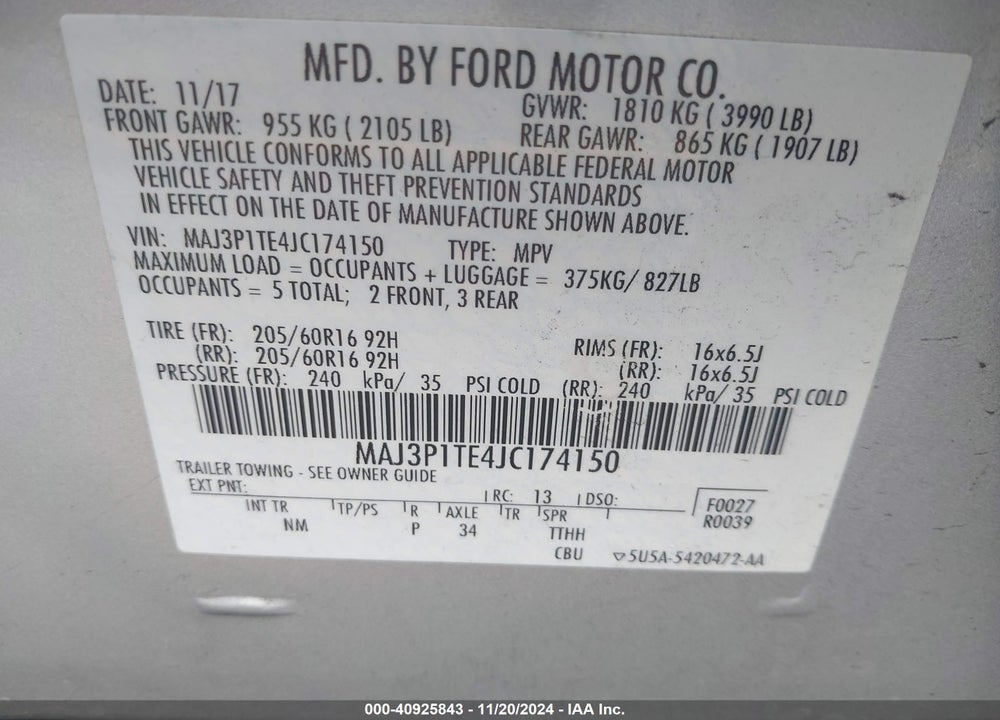 2018 FORD ECOSPORT SE VIN: MAJ3P1TE4JC174150