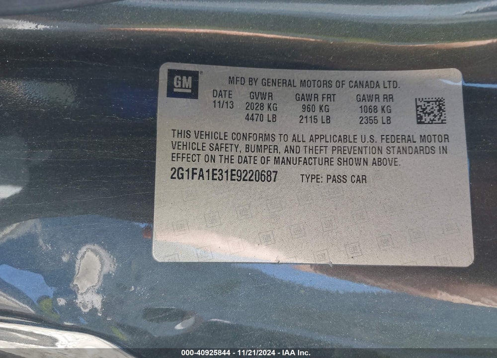 2014 CHEVROLET CAMARO 2LS VIN: 2G1FA1E31E9220687