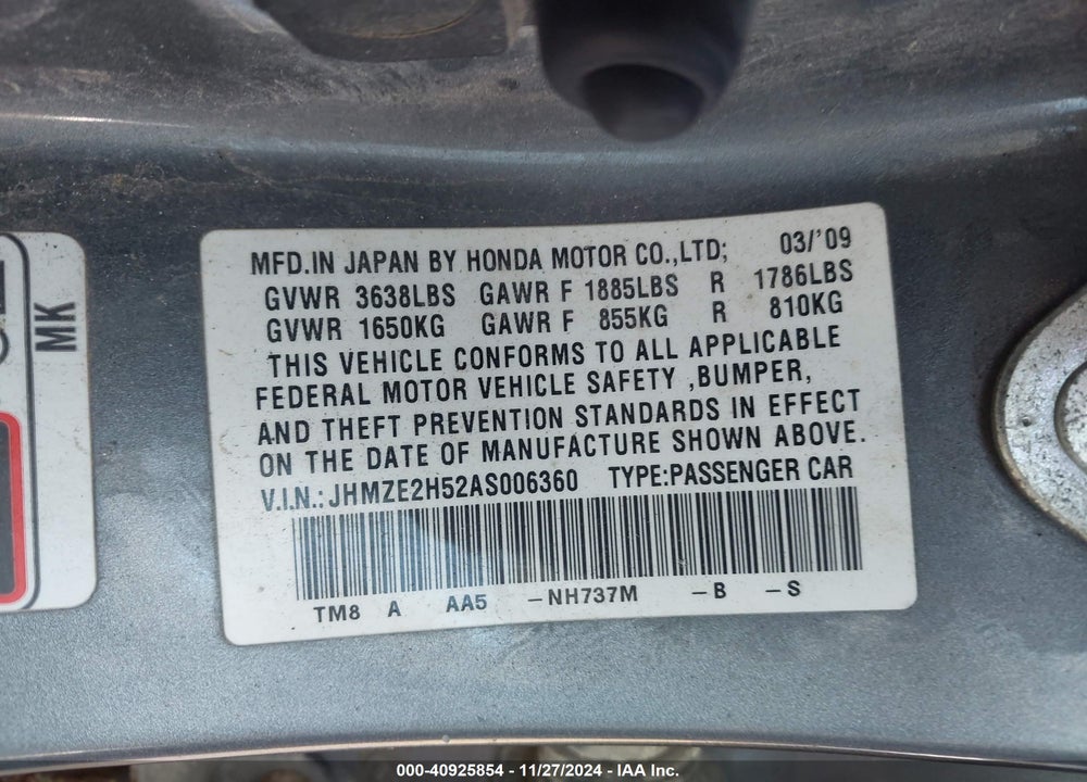 2010 HONDA INSIGHT LX VIN: JHMZE2H52AS006360