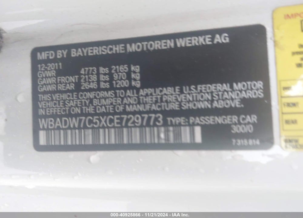 2012 BMW 328 VIN: WBADW7C5XCE729773
