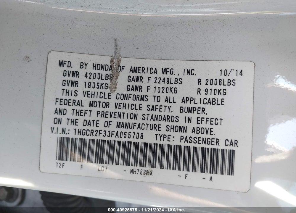2015 HONDA ACCORD LX VIN: 1HGCR2F33FA055708