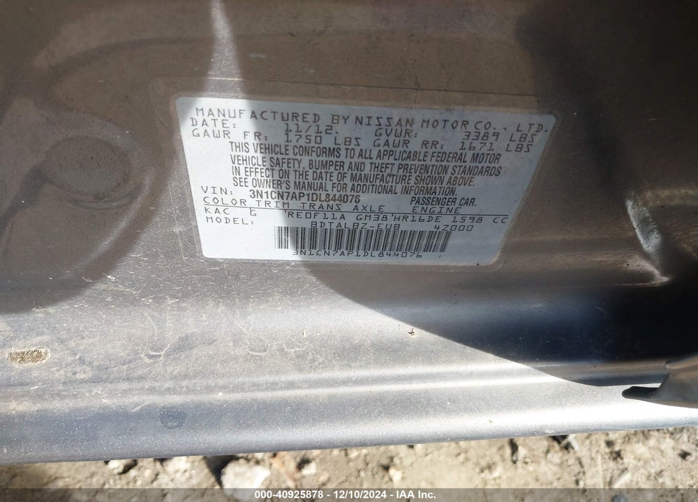 2013 NISSAN VERSA VIN: 3N1CN7AP1DL844076