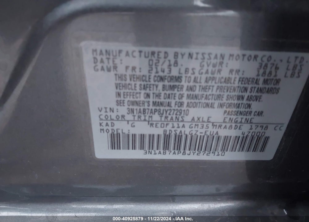 2018 NISSAN SENTRA VIN: 3N1AB7AP8JY272910