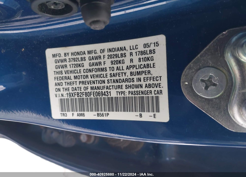 2015 HONDA CIVIC EX VIN: 19XFB2F80FE069431