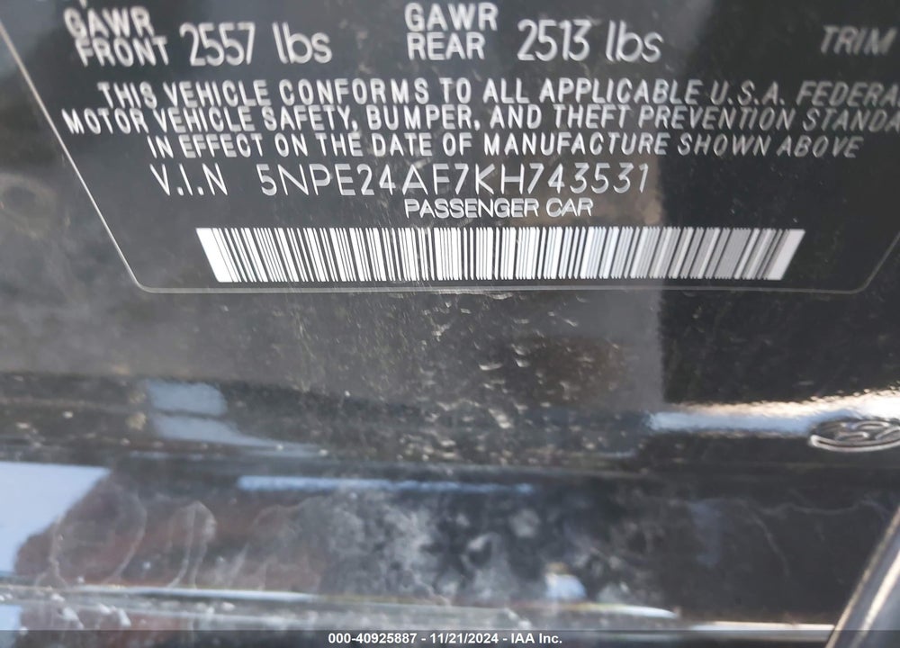 2019 HYUNDAI SONATA VIN: 5NPE24AF7KH743531