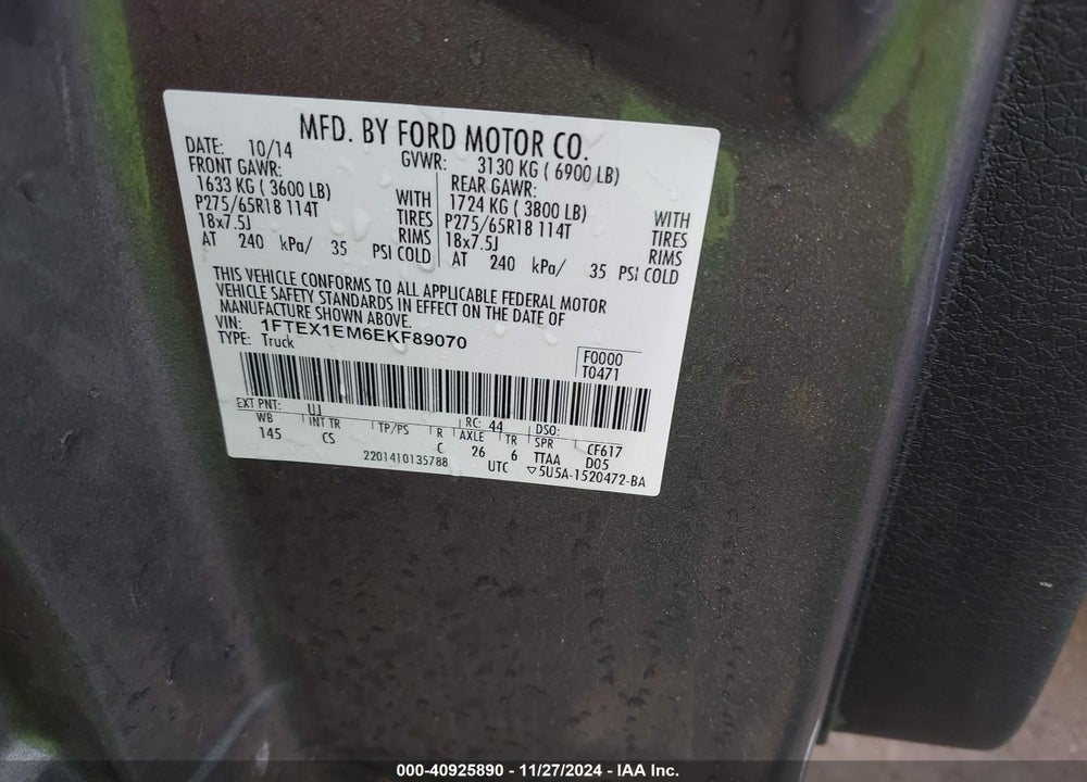 2014 FORD F-150 STX VIN: 1FTEX1EM6EKF89070
