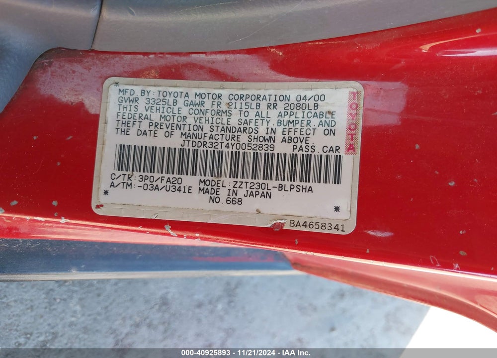 2000 TOYOTA CELICA GT VIN: JTDDR32T4Y0052839
