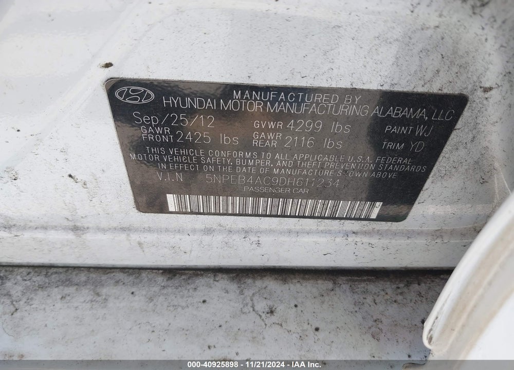 2013 HYUNDAI SONATA GLS VIN: 5NPEB4AC9DH611234
