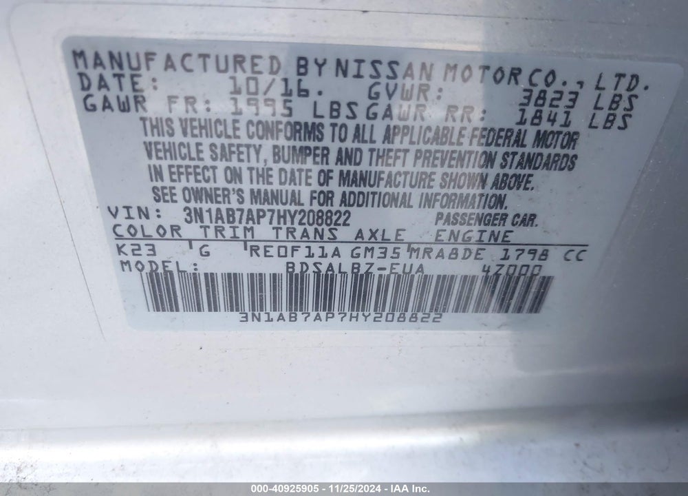 2017 NISSAN SENTRA S VIN: 3N1AB7AP7HY208822