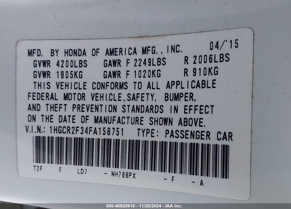 2015 HONDA ACCORD LX VIN: 1HGCR2F34FA158751