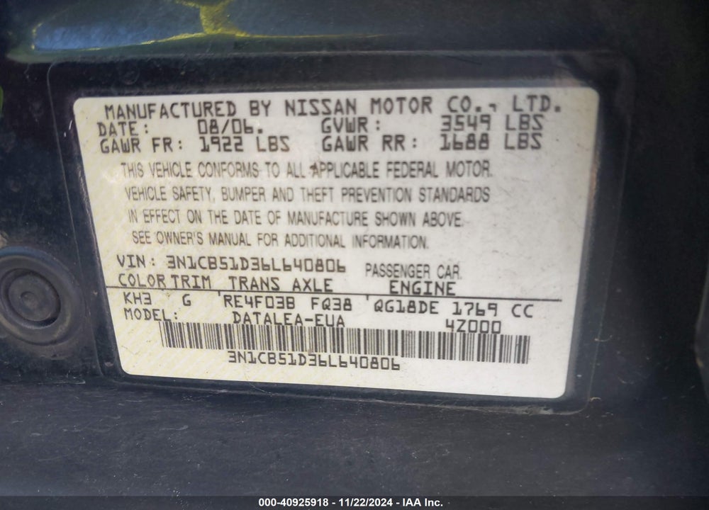 2006 NISSAN SENTRA 1.8S VIN: 3N1CB51D36L640806