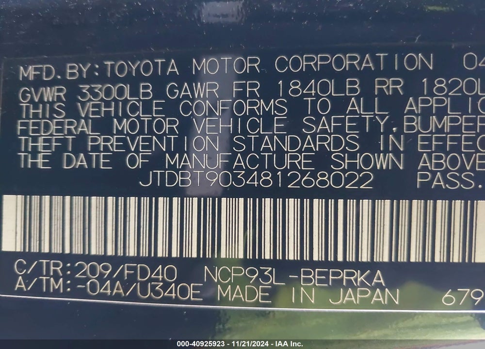 2008 TOYOTA YARIS VIN: JTDBT903481268022