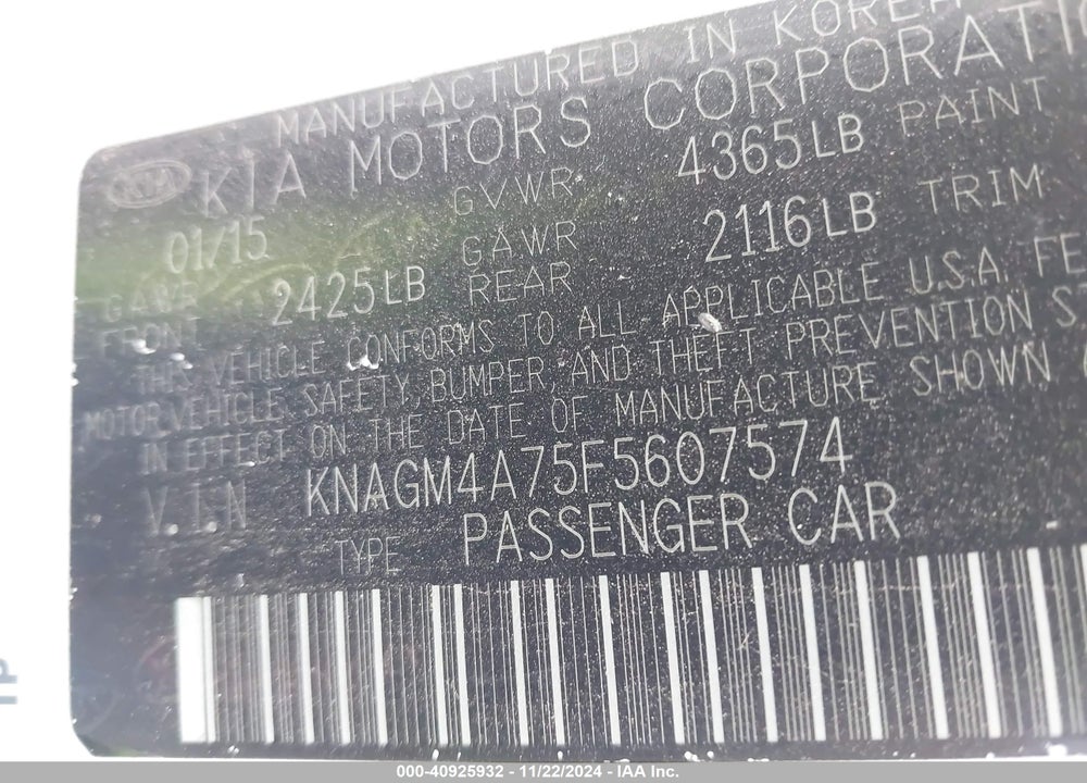 2015 KIA OPTIMA LX VIN: KNAGM4A75F5607574