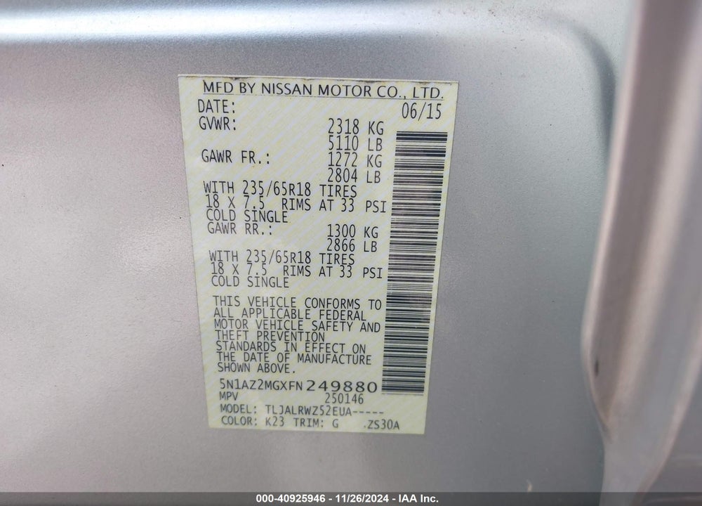 2015 NISSAN MURANO SL VIN: 5N1AZ2MGXFN249880