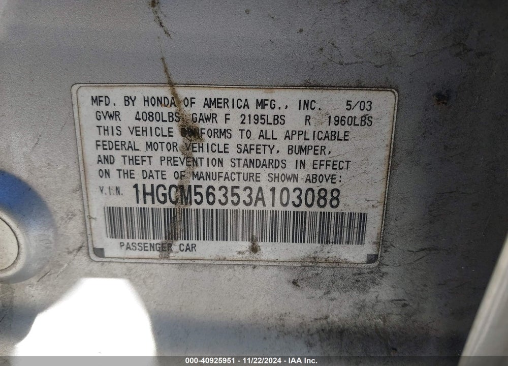 2003 HONDA ACCORD 2.4 LX VIN: 1HGCM56353A103088