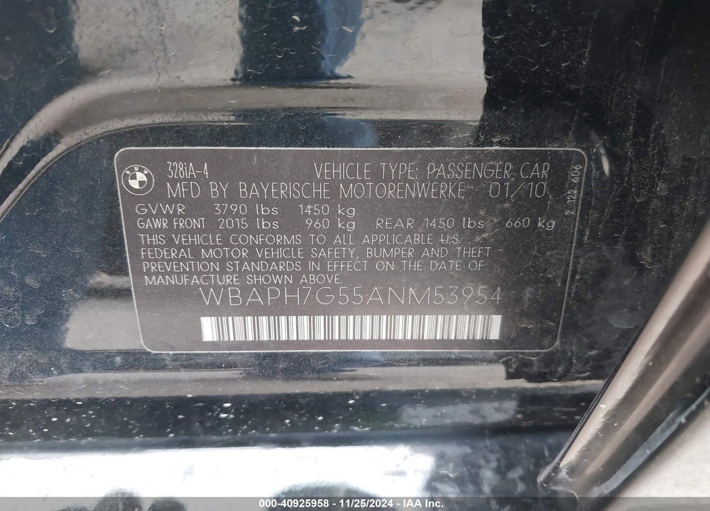 2010 BMW 328I VIN: WBAPH7G55ANM53954
