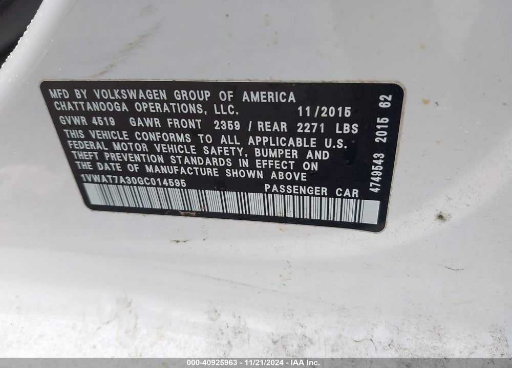 2016 VOLKSWAGEN PASSAT 1.8T S VIN: 1VWAT7A30GC014595