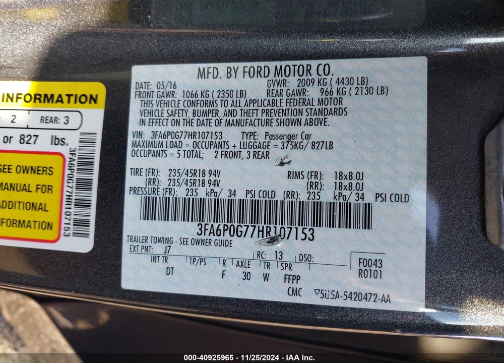 2017 FORD FUSION S VIN: 3FA6P0G77HR107153