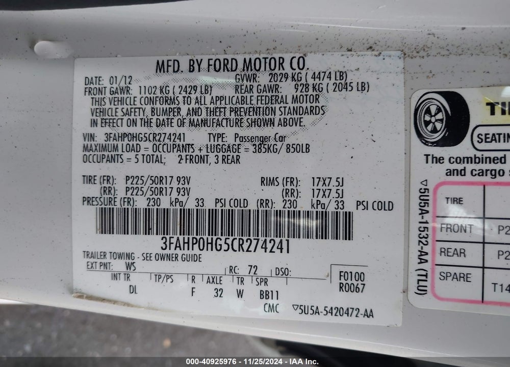 2012 FORD FUSION SE VIN: 3FAHP0HG5CR274241