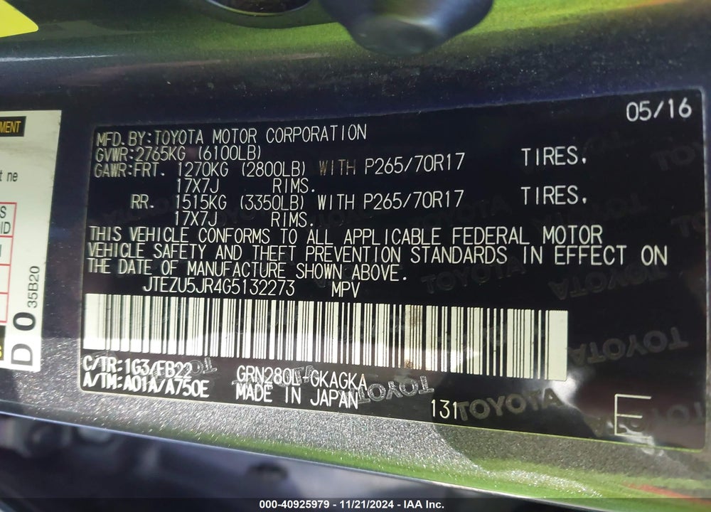 2016 TOYOTA 4RUNNER SR5 VIN: JTEZU5JR4G5132273