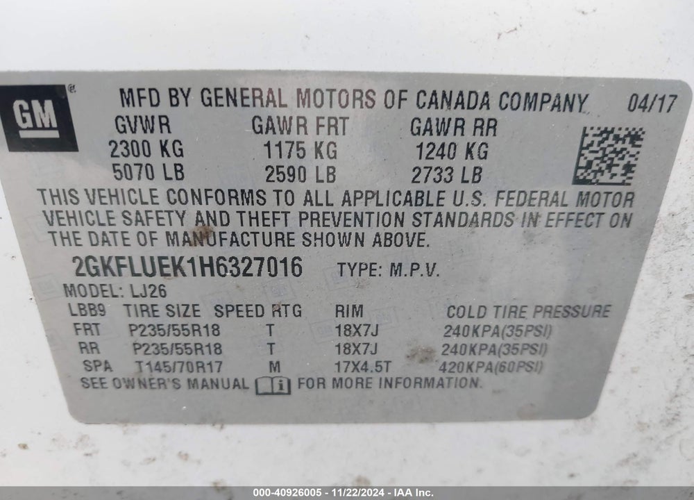 2017 GMC TERRAIN SLT VIN: 2GKFLUEK1H6327016