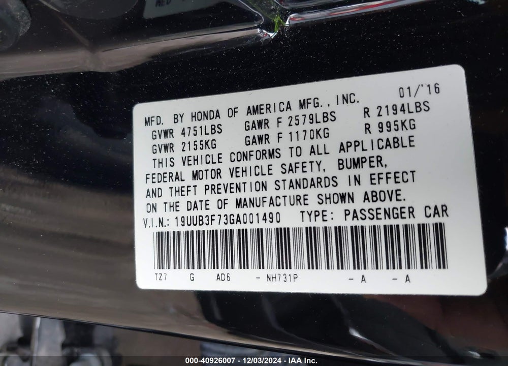 2016 ACURA TLX V6 ADVANCE VIN: 19UUB3F73GA001490