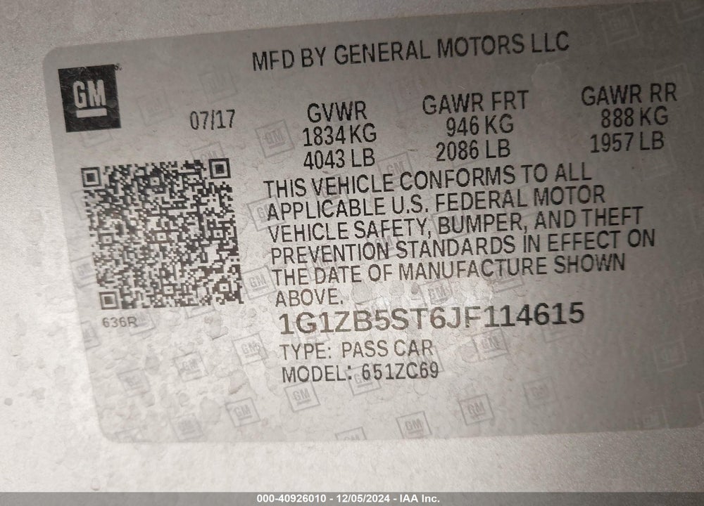 2018 CHEVROLET MALIBU 1LS VIN: 1G1ZB5ST6JF114615