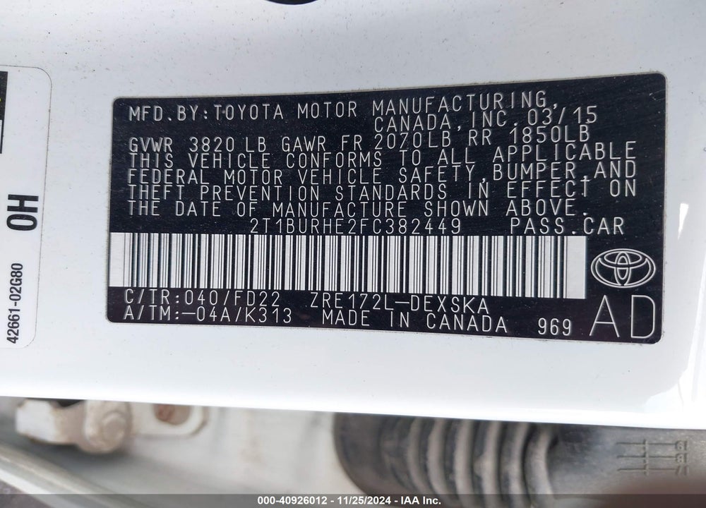 2015 TOYOTA COROLLA L/LE/LE PLS/PRM/S/S PLS VIN: 2T1BURHE2FC382449