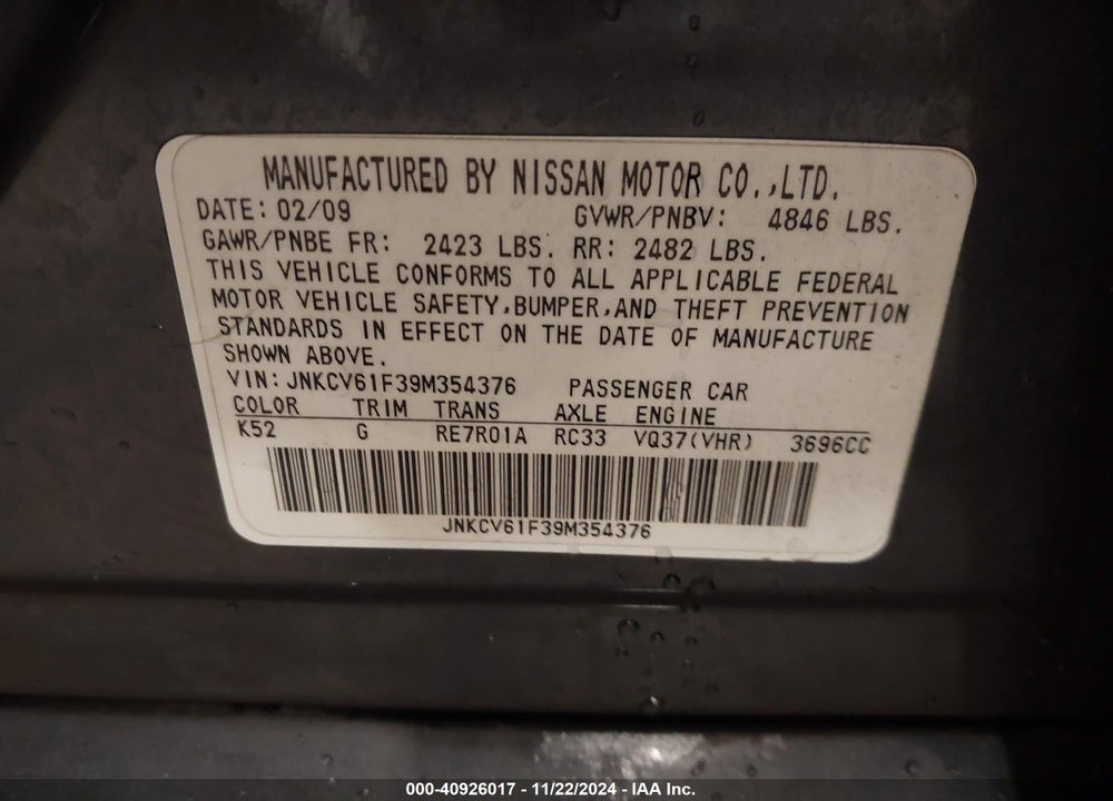 2009 INFINITI G37X VIN: JNKCV61F39M354376