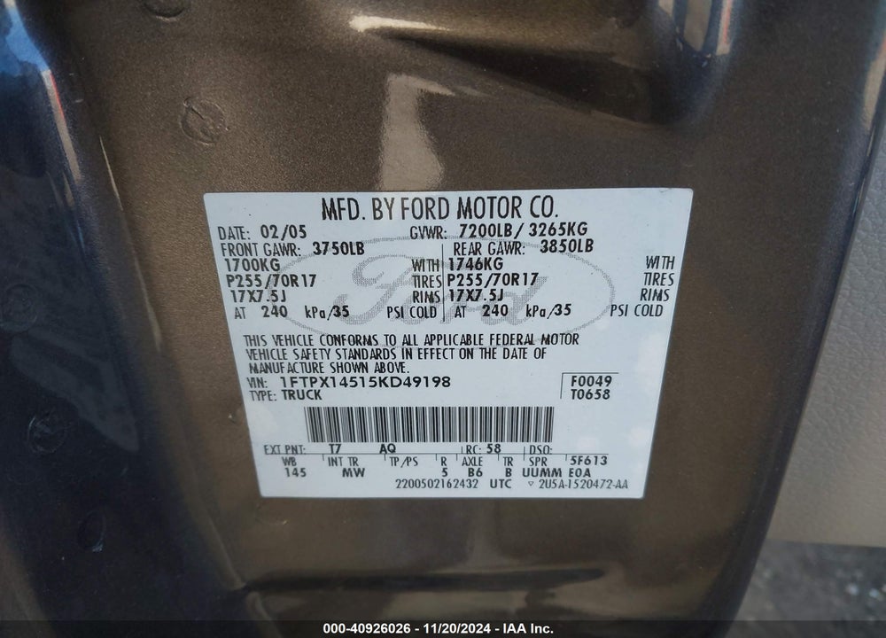 2005 FORD F-150 FX4/LARIAT/XL/XLT VIN: 1FTPX14515KD49198