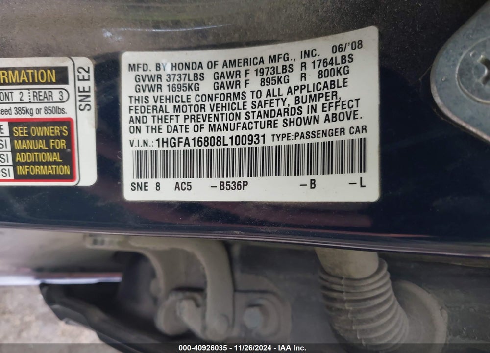 2008 HONDA CIVIC EX VIN: 1HGFA16808L100931