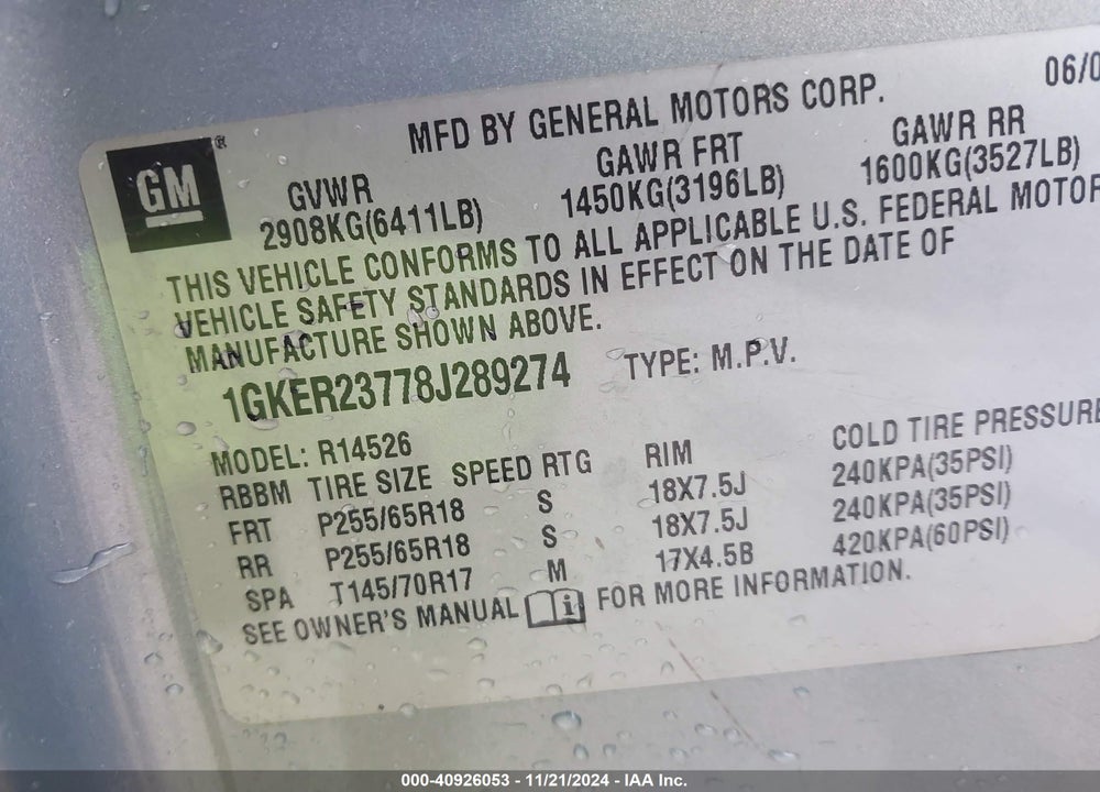 2008 GMC ACADIA SLT-1 VIN: 1GKER23778J289274