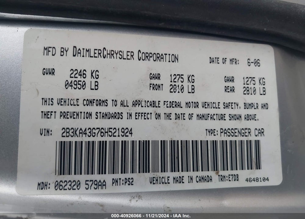 2006 DODGE CHARGER VIN: 2B3KA43G76H521924