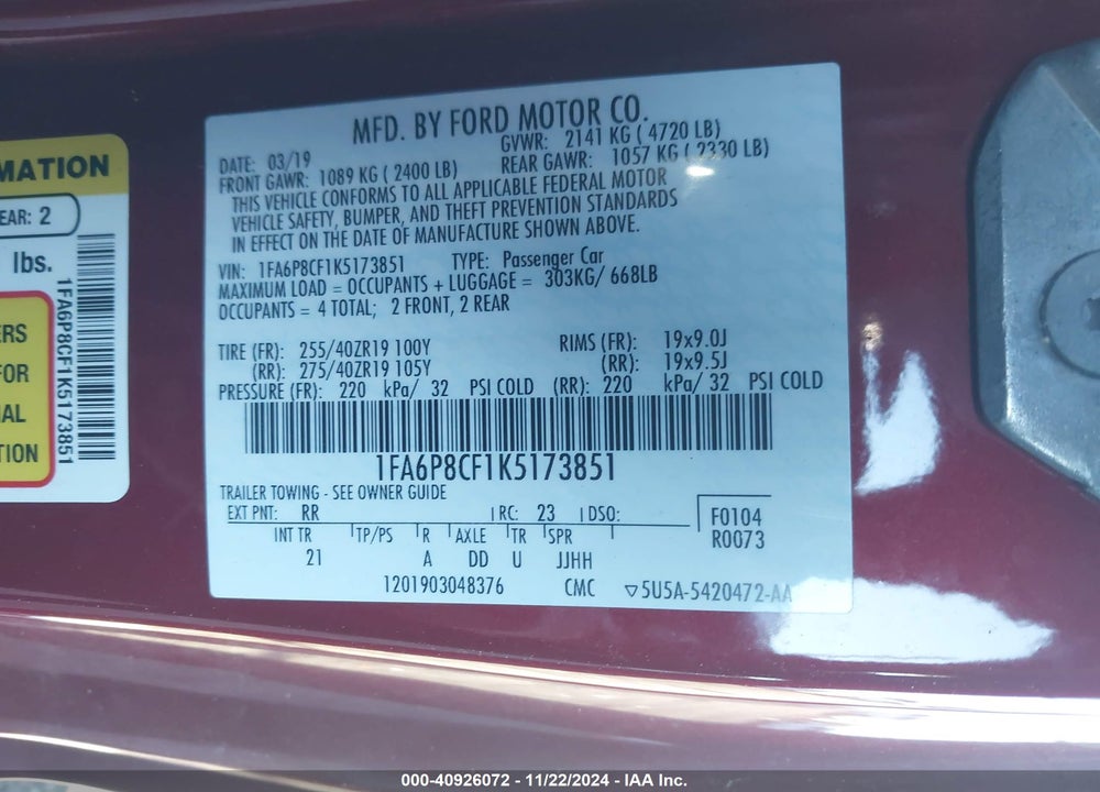 2019 FORD MUSTANG GT VIN: 1FA6P8CF1K5173851
