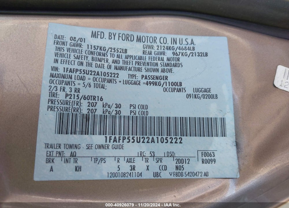2002 FORD TAURUS SES VIN: 1FAFP55U22A105222
