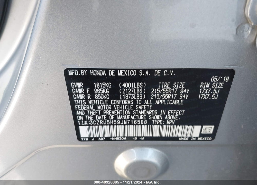 2018 HONDA HR-V EX VIN: 3CZRU5H59JM716588