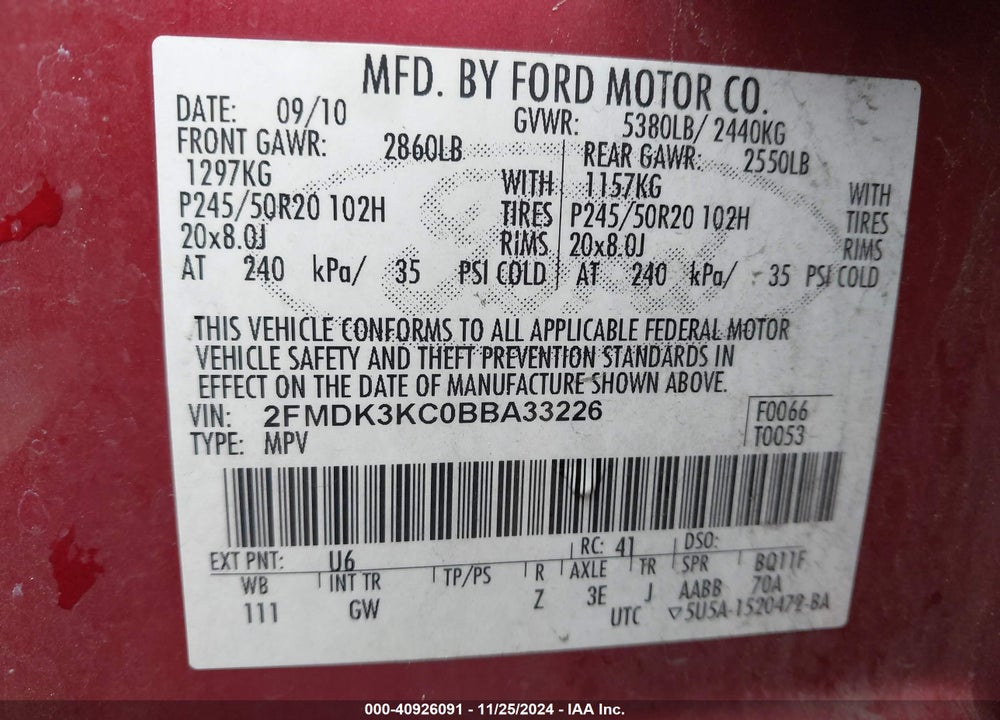 2011 FORD EDGE LIMITED VIN: 2FMDK3KC0BBA33226