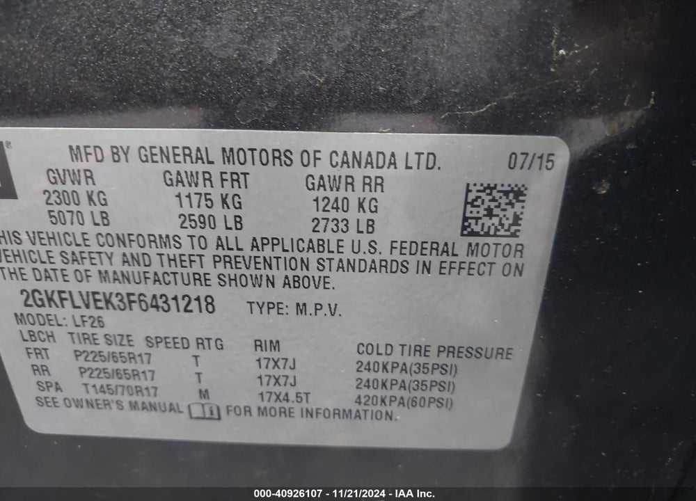 2015 GMC TERRAIN SLE-1 VIN: 2GKFLVEK3F6431218