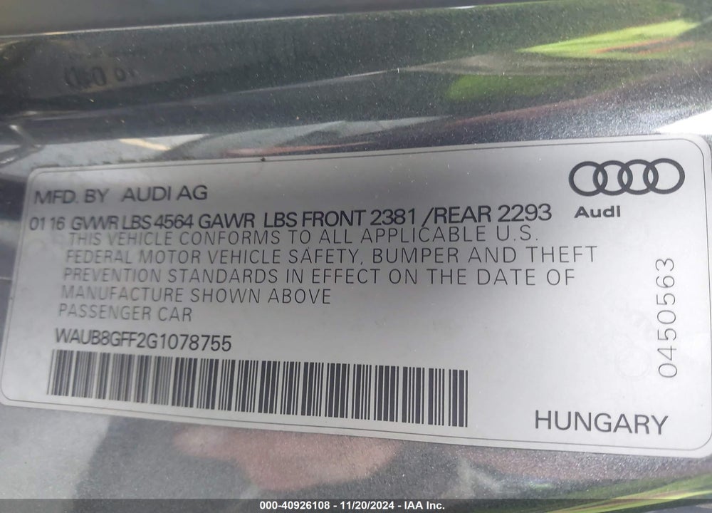 2016 AUDI A3 2.0T PREMIUM VIN: WAUB8GFF2G1078755