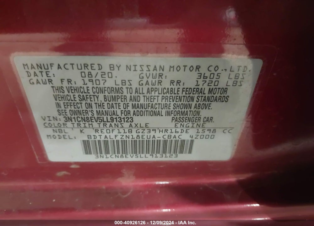 2020 NISSAN VERSA VIN: 3N1CN8EV5LL913123