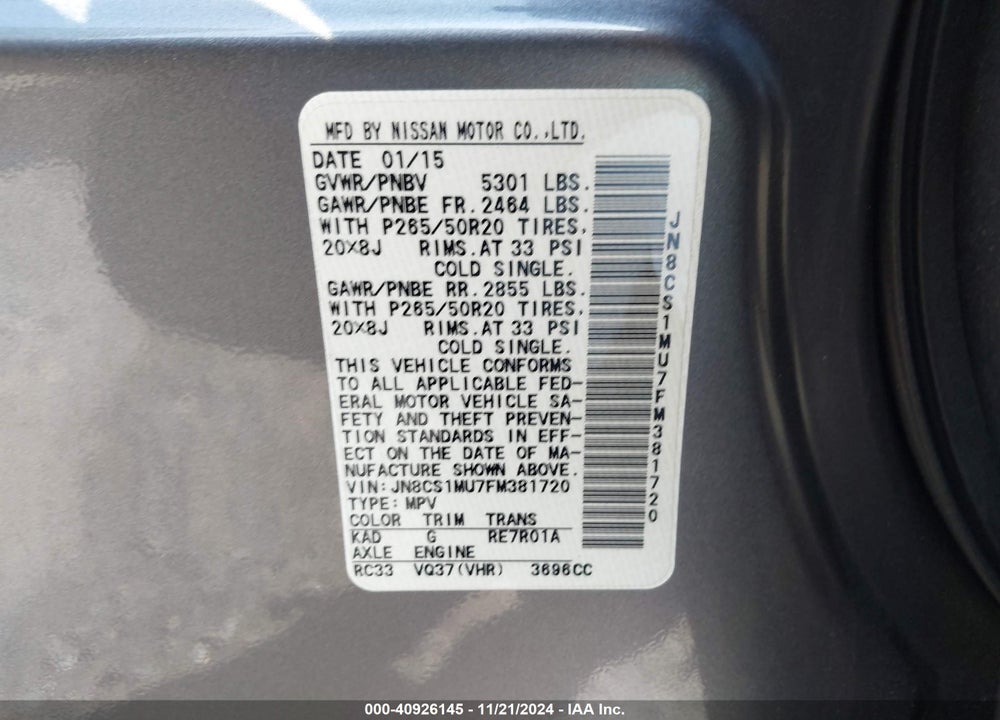 2015 INFINITI QX70 VIN: JN8CS1MU7FM381720