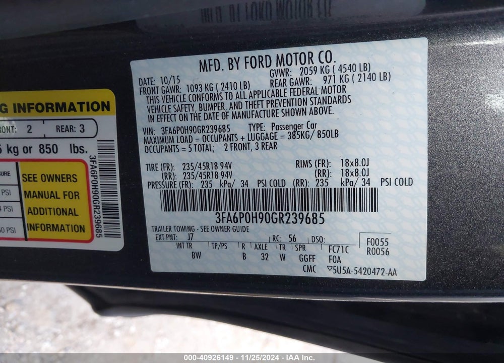 2016 FORD FUSION SE VIN: 3FA6P0H90GR239685