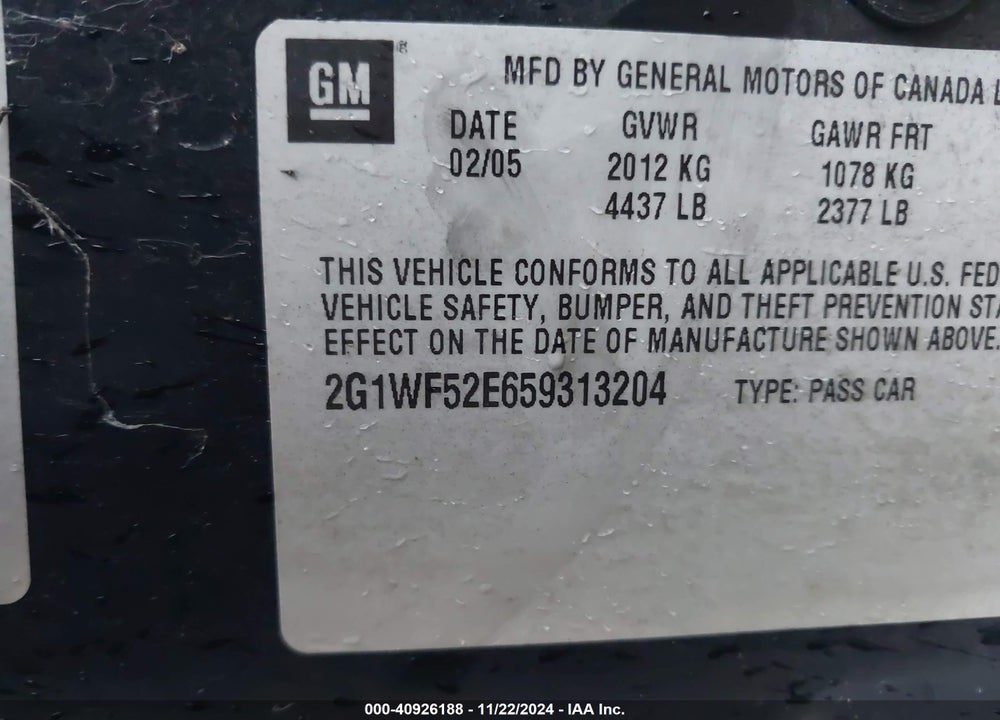 2005 CHEVROLET IMPALA VIN: 2G1WF52E659313204