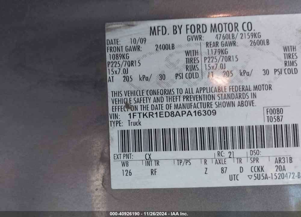 2010 FORD RANGER XL VIN: 1FTKR1ED8APA16309