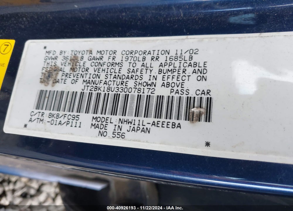 2003 TOYOTA PRIUS VIN: JT2BK18U330078172